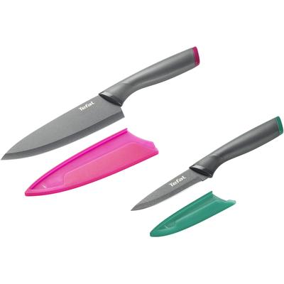 Messer-Set TEFAL "Fresh Kitchen", grau (grau, pink, grün), Edelstahl, Kunststoff, Kochmesser-Sets, 2-tlg, Klingen aus rostfreiem Stahl, Titan-Versiegelung, Klingenschutz