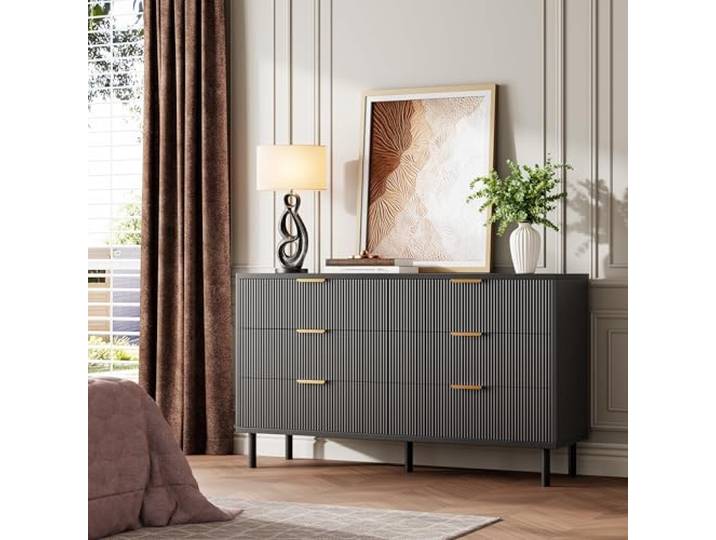 GarveeMore Kommode Mit 6 Schubladen, Komodenschrank Mit Metallbeinen, Schubladenschrank Schlafzimmerschrank Nachttisch Sideboard Möbel Für Wohnzimmer Büro Flur, 139x40x76cm