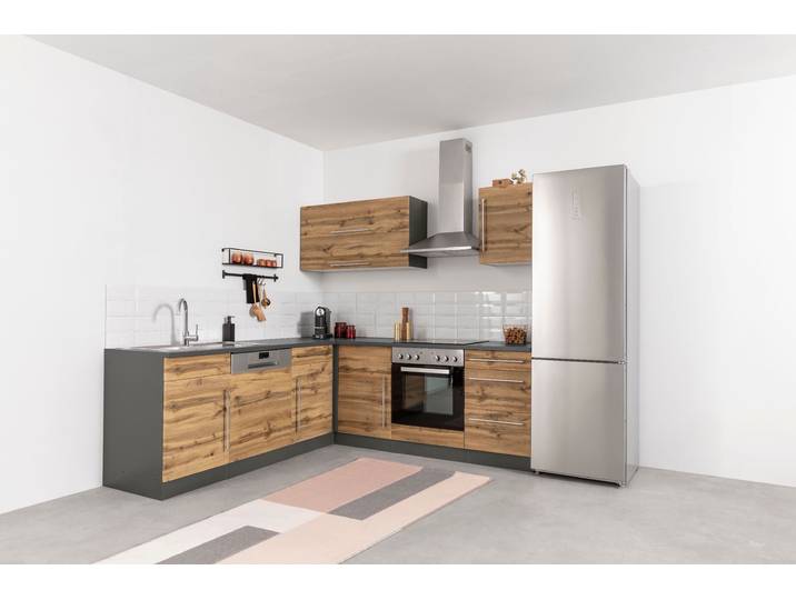 Winkelküche, Spanplatte, Braun & Grafitgrau, 220×200×60 cm, Mit E-Geräten, Modern