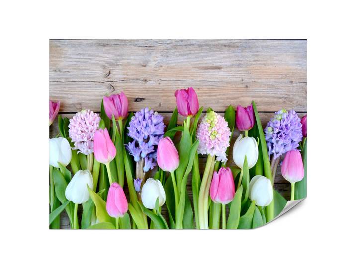Muralo Fototapete für Küche Rosa Tulpen Violette Hyazinthen Holztisch 300x210, Rosa, Violett, Grün, Braun, Weiß, Lila, Ecru, Papier, Floral, Rechteckig, 300x210 cm, Tapeten & Wandverkleidungen, Fototapeten