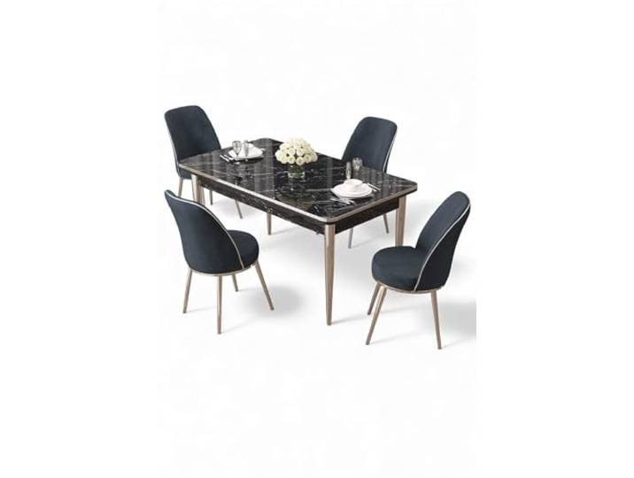 Modern 5-Piece Dining Table & Chairs Set, Black Marble & Chrome, 100% Melamine Coated Chipboard, Stylish Metal Legs, Perfect for Home & Hotel