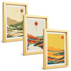 BILDER SET 3er Set - 20x30 cm Goldrahmen - Farbenfrohe Muster der Japandi-Flussberge