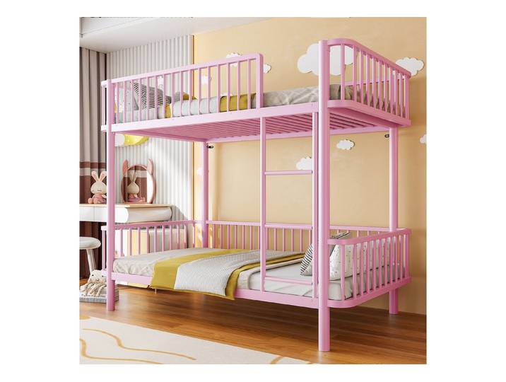 Flieks Etagenbett, Metall Kinderbett 90x200cm mit abgerundeten Ecken, Sicherheitsgeländer