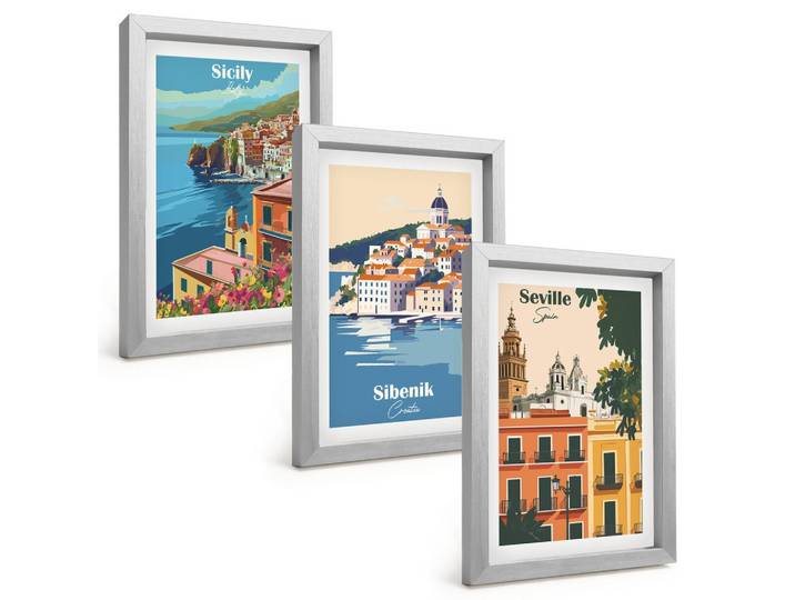 BILDER SET 3er Set - 20x30 cm Silberner Rahmen - Stadtlandschaften mit Gebäuden