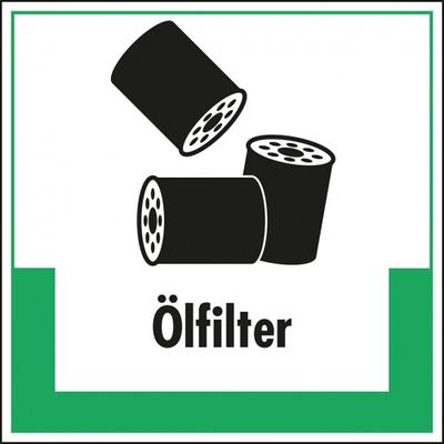 Aufkleber I Abfallkennzeichen Ölfilter, mit Symbol und Text, Folie, selbstklebend, 200x200mm