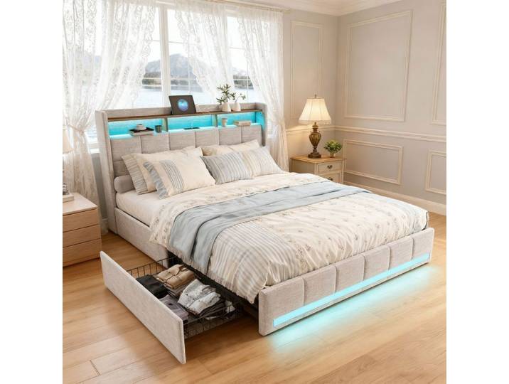 Lit 140x200 cm - NMONET - cadre de lit adulte 140x200 cm - lit double 140x200 cm - LED - Tissu en lin - beige