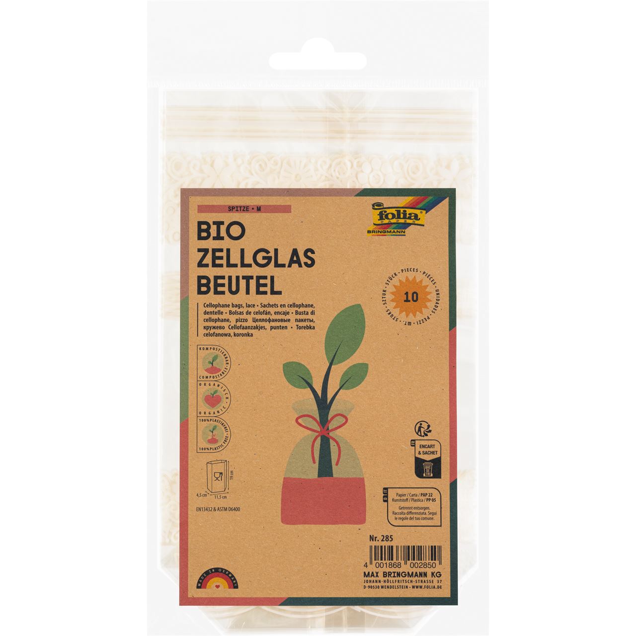 folia Zellglas-Bodenbeutel M weißer Spitzendruck 11,5 x 19,0 cm 10 St.