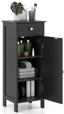 Costway Wooden Storage Free-Standing Floor Cabinet with Drawer and Shelf-Black