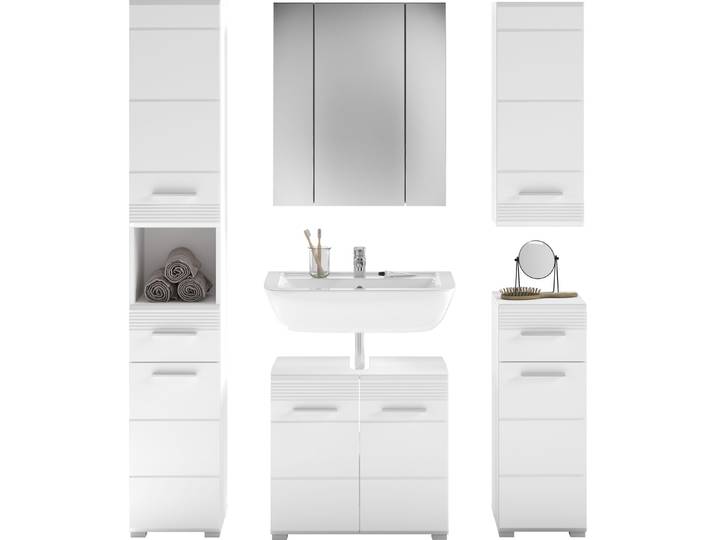 Badmöbel-Set HOME AFFAIRE Malmö, 5 teilig, bestehend aus: , weiss (weiß, weiß hochglanz), Holzwerkstoff, MDF, Kastenmöbel-Sets, Badmöbel-Set, Hochschrank, WBU, Spiegel, Unterschrank, Hängeschrank