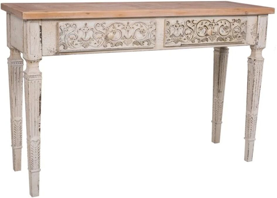 Wanderlust deco Console blanche vieilli avec 2 tiroirs, 120x40x78h Blanc 120x78x40cm