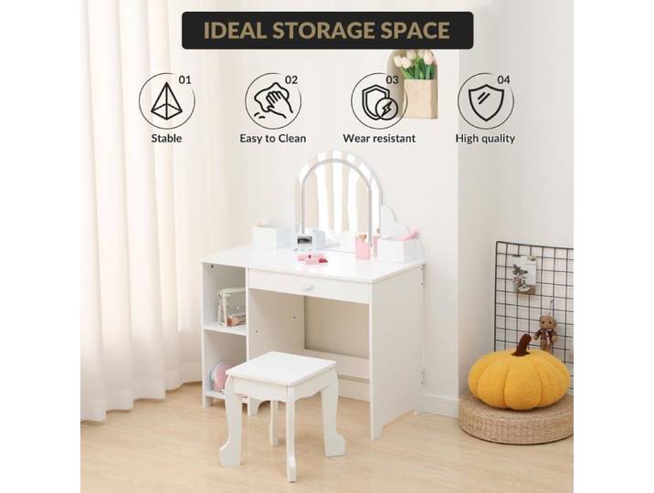 Coiffeuse enfant avec miroir LED - LUNSY - Miroir LED à 3 couleurs réglables - Coiffeuse 2-en-1 en forme de vague