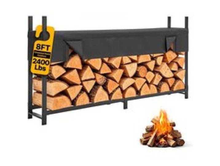 VEVOR Range-bûches Extérieur avec Housse 244 cm Porte-bûches Métal Noir pour Cheminée, Terrasse, Cour, Charge 1100 kg, Tubes Acier Carbone, Support à Bois de Chauffage Robuste avec Accessoires