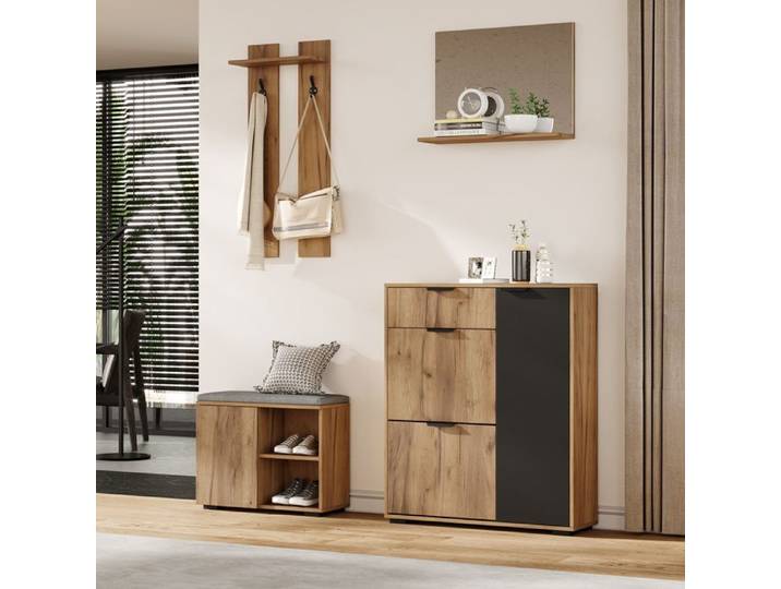 Ensemble d'entrée meuble rangement avec banc à chaussures miroir patères 140x35x139 cm naturel noir JOINERY