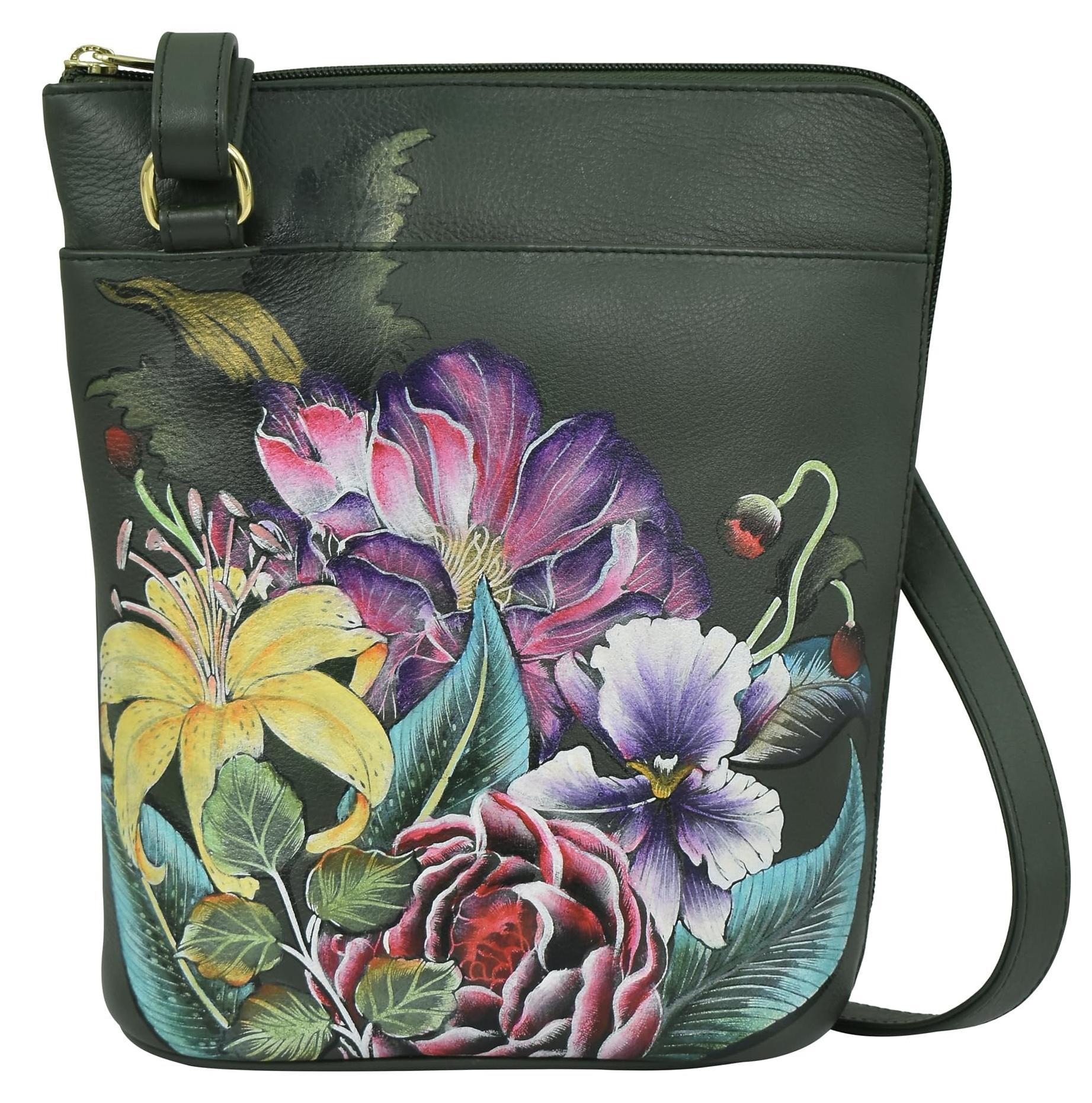 Anuschka Leder Crossbody Tasche mit erweitertem Reißverschluss, handbemalt - Vin