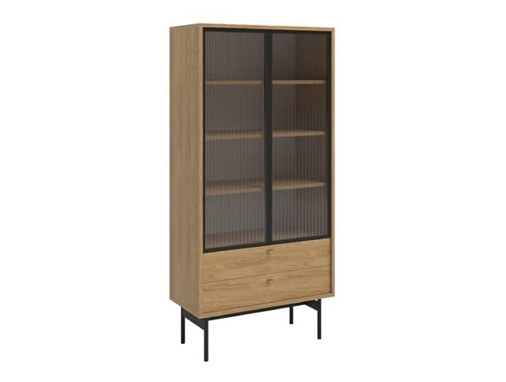 Selsey Vitrine Glas Vitrinenschrank Glasvitrine Wohnzimmer Glastür Hoch 85 cm 2 Schubladen 4 Fächer Hickoryholz Natur Olar