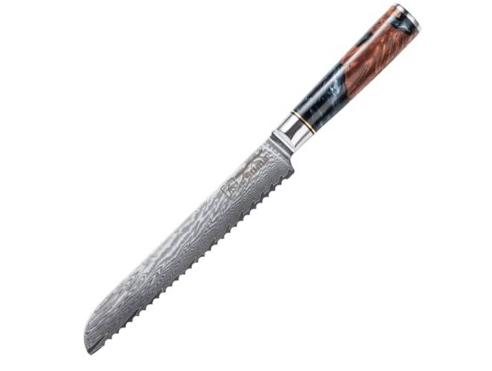 Tsume Brotmesser Onyx, Klingenlänge 19cm, Echtes Damast Küchenmesser, 67 Schichten VG10 Edelstahlkern mit schwarzem und weißen Kunstharz und Holz Handgriff, Rasiermesserscharf