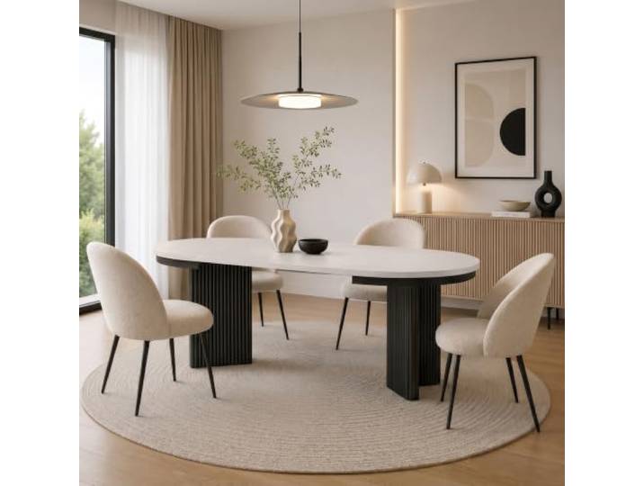 BEAUTY SOFA Esstisch Prestige ausziehbar 100–180 cm, runder Esstisch Ø 100 cm mit 2 Einlegeplatten, geriffelter Designfuß, laminierte Tischplatte, Kaschmir + Schwarz