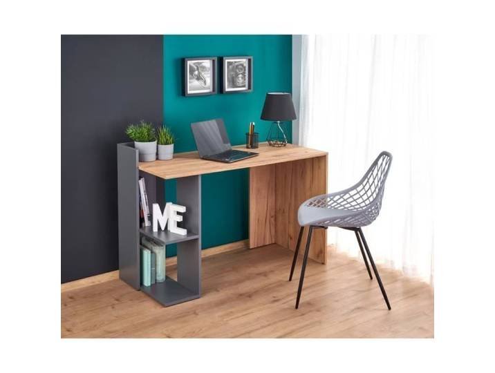 FINO Bureau Meuble Table d'ordinateur avec étagère rangement chêne wotan-gris