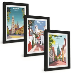 BILDER SET 3er Set - 20x30 cm Schwarzer Rahmen - Europäische Städte in farbigen Zeichnungen