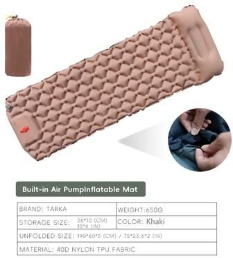 Uplift Essentials Inflatable Camping Mattress With Built In Pillow Lightweight Self Inflating Sleeping Pad For Outdoor Camping, Hiking A khaki
