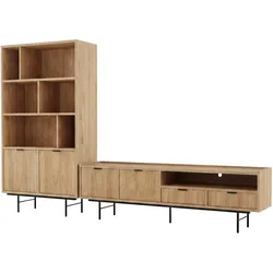 WOHNWAND Evron 2-teilig Bücherregal 90 cm + TV-Board 200 cm, Hikora Eiche