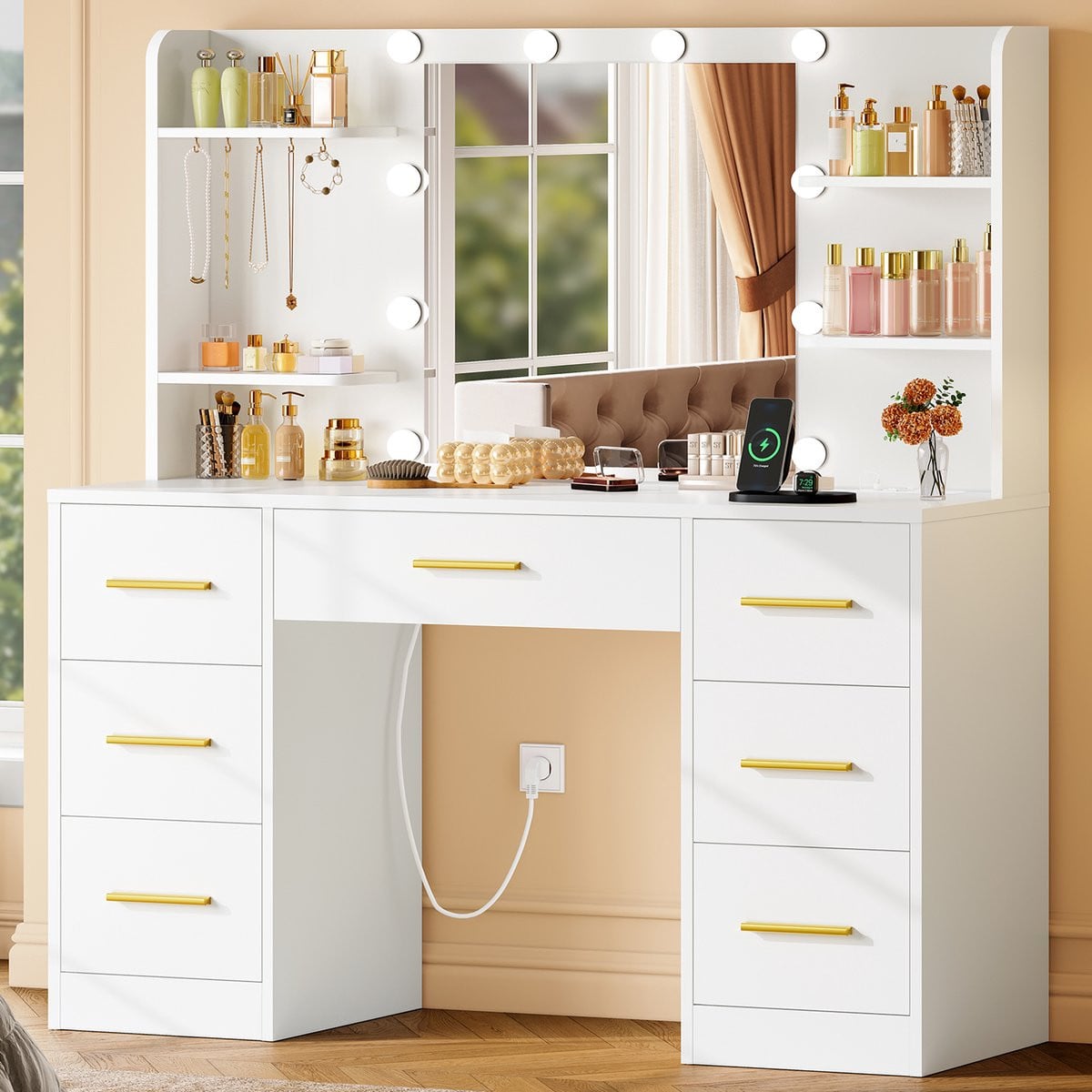 Moderne witte kaptafel met verlichting, stopcontact, 7 laden, 4 planken en 5 haken
