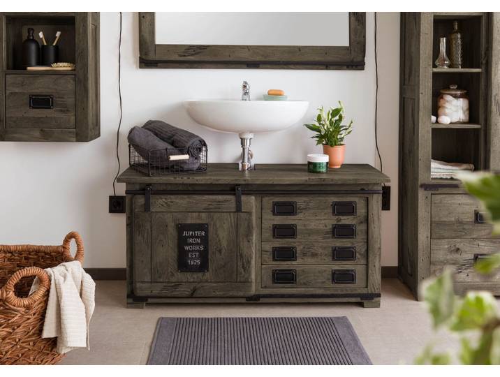 Meuble de salle de bain 120x40 Manguier laqué Gris RAILWAY #277