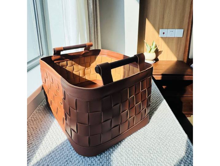 Grand panier de rangement tissé à la main, panier de rangement en cuir de haute qualité pour la maison, poignée en noyer