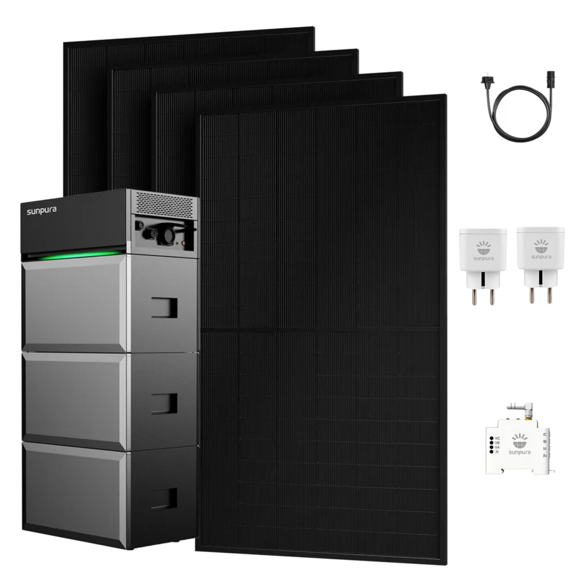 Balkonkraftwerk mit Speicher, Sunpura S2400 All-in-One Speicher mit 2x B2400 Erweiterungsakku & 1800W PV Panel, Smarter Zähler + 2x Smart Plug