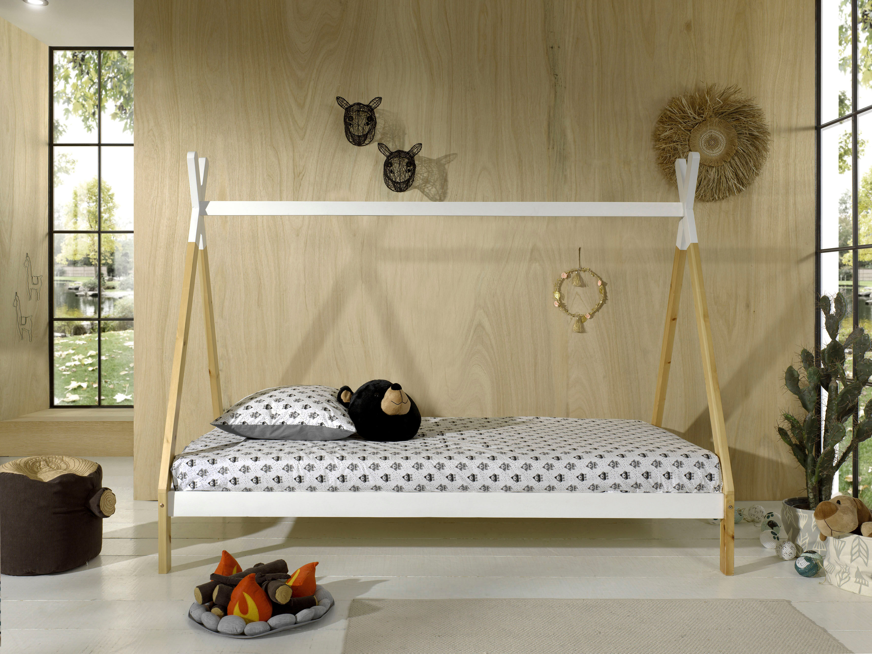 Kinderbett VIPACK "TIPI, Kiefer massiv, 2-farbig lackiert, mit Rolllattenrost", weiss (natur, weiß), B:98cm H:158,2cm L:206cm, Betten, Kinderbett, 90/200, wahlweise mit oder ohne Schublade natur, weiß Liegefläche Länge B: 200cm x 90cm, Ohne Bettschublade,