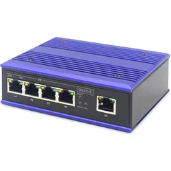 Digitus Industrieller 4-Port Fast Ethernet PoE Switch + 1 Uplink Port (5 Ports), Netzwerk Switch, Schwarz, Blau