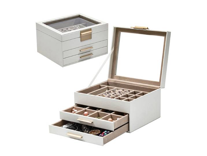 JORDAN&JUDY Sieradendoos met meerdere lagen, kleine oorbeldoos, ringopbergdoos, kettingdoos, sieradencase – 3 lagen wit
