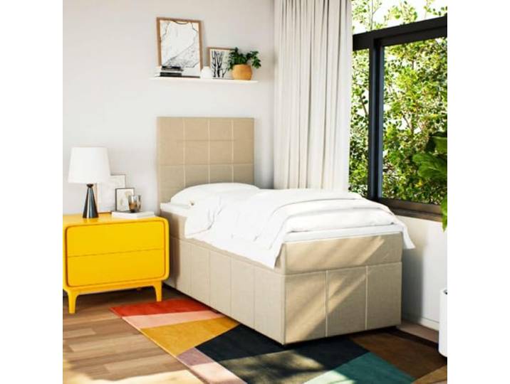 KTHLBRH Boxspringbett mit Matratze Creme 90 x 200 cm aus Stoff Verstellbares Kopfteil, inklusive Matratzenschoner, Lattenrost inklusive, unabhängige Unterstützung