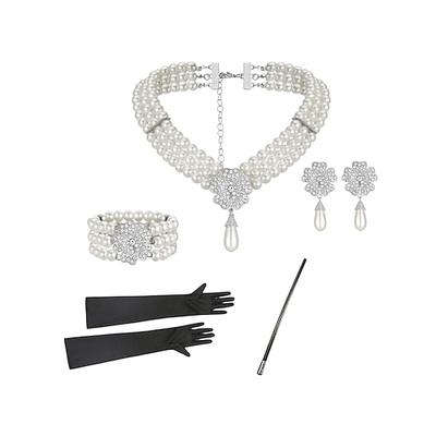 Perlenkette und Ohrringe im Stil der 1920er Jahre für Damen – dreilagiger Schmuck aus Kunstperlen mit Strassbrosche, Vintage-Accessoires im Gatsby-Flapper-Stil für Cocktailpartys, Hochzeiten und