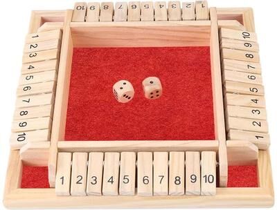 Inspired Living Deluxe Wooden Shut The Box Dice Game 4 Sided Shut The Box Board Game For Family & Party Fun red