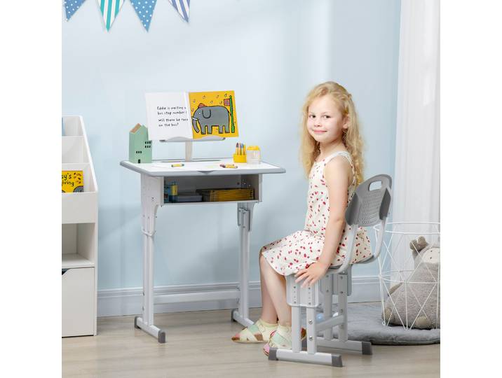 HOMCOM Bureau Enfant Gris avec Chaise et Rangement 60x45x102cm
