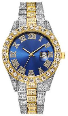 Uplifted Trends Luxury Hip Hop Stainless Steel Gold Calendar Watch For Men Iced Out Paved Rhinestones blue