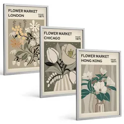 BILDER SET 3er Set - 40x60 cm Silberner Rahmen - Blumenmessen London Chicago Hongkong