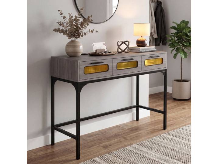 Table Console Éclairage COSTWAY avec Prise 3 Tiroirs Transparentes Cadre en métal Design Moderne pour Salon Couloir Gris