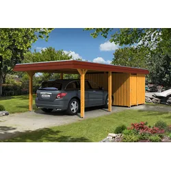 Skan Holz Walmdach Carport aus Leimholz Breite 409 cm-rote BlendeGröße 2 (inkl. Abstellraum)-eiche hell 3 Holzcarport