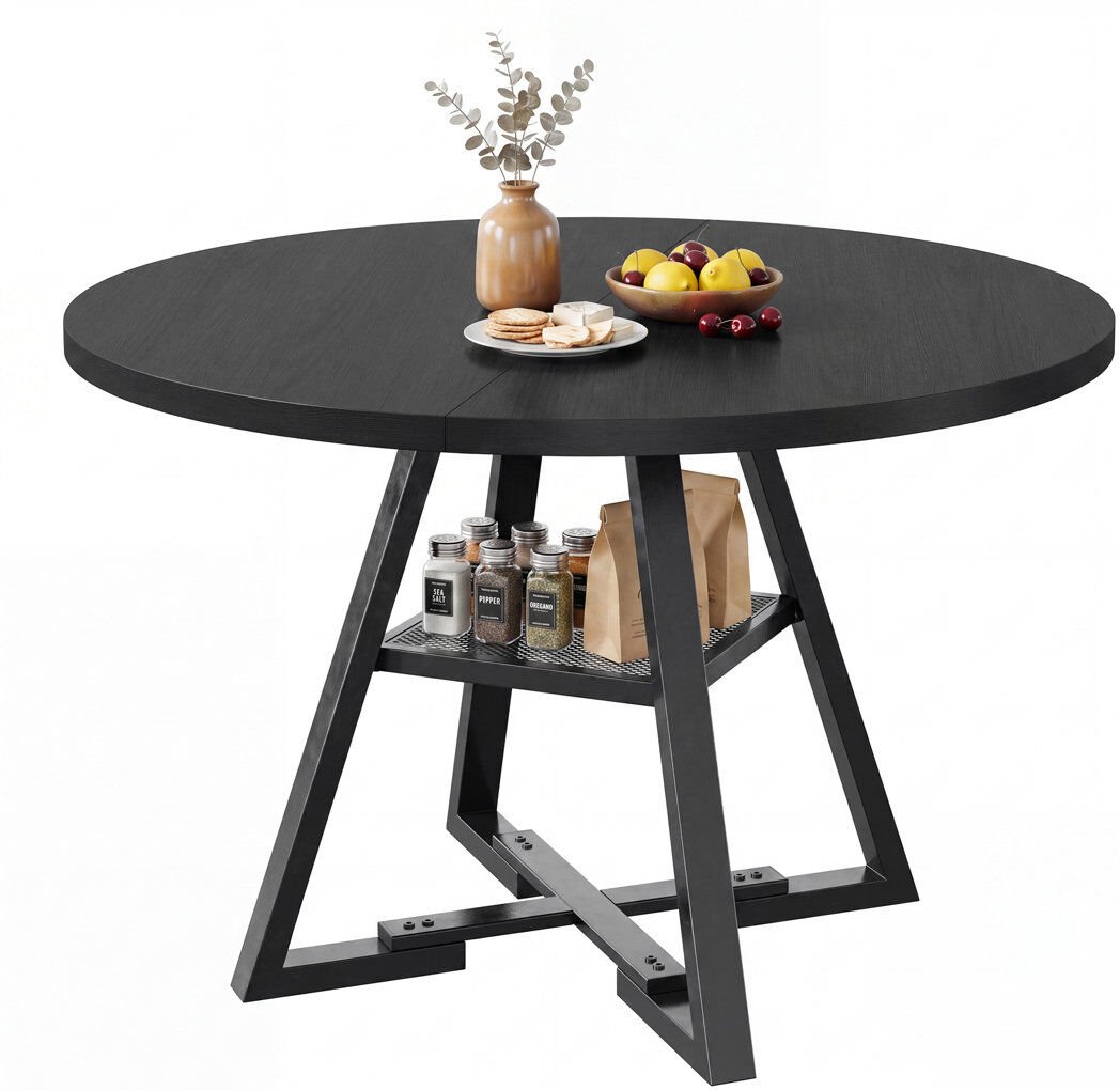 Rio Round Dining Table Farmhouse Kitchen Table,Space Saving Dinner Table For Kitchen & Dining Room Black 76 cm H x 120 cm W x 120 cm D