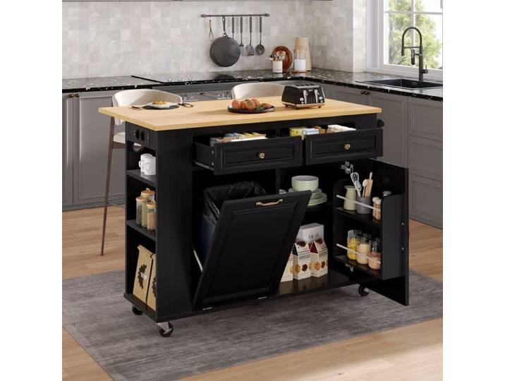 îlot de cuisine mobile avec table extensible Îlots de rangement avec multiprises compartiment poubelle 120x40-70cm noir