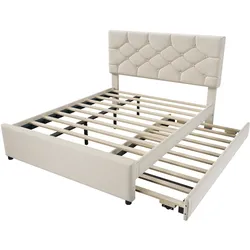 MODFU Polsterbett Samt Beige 140x200 cm mit Lattenrost und Ausziehbett