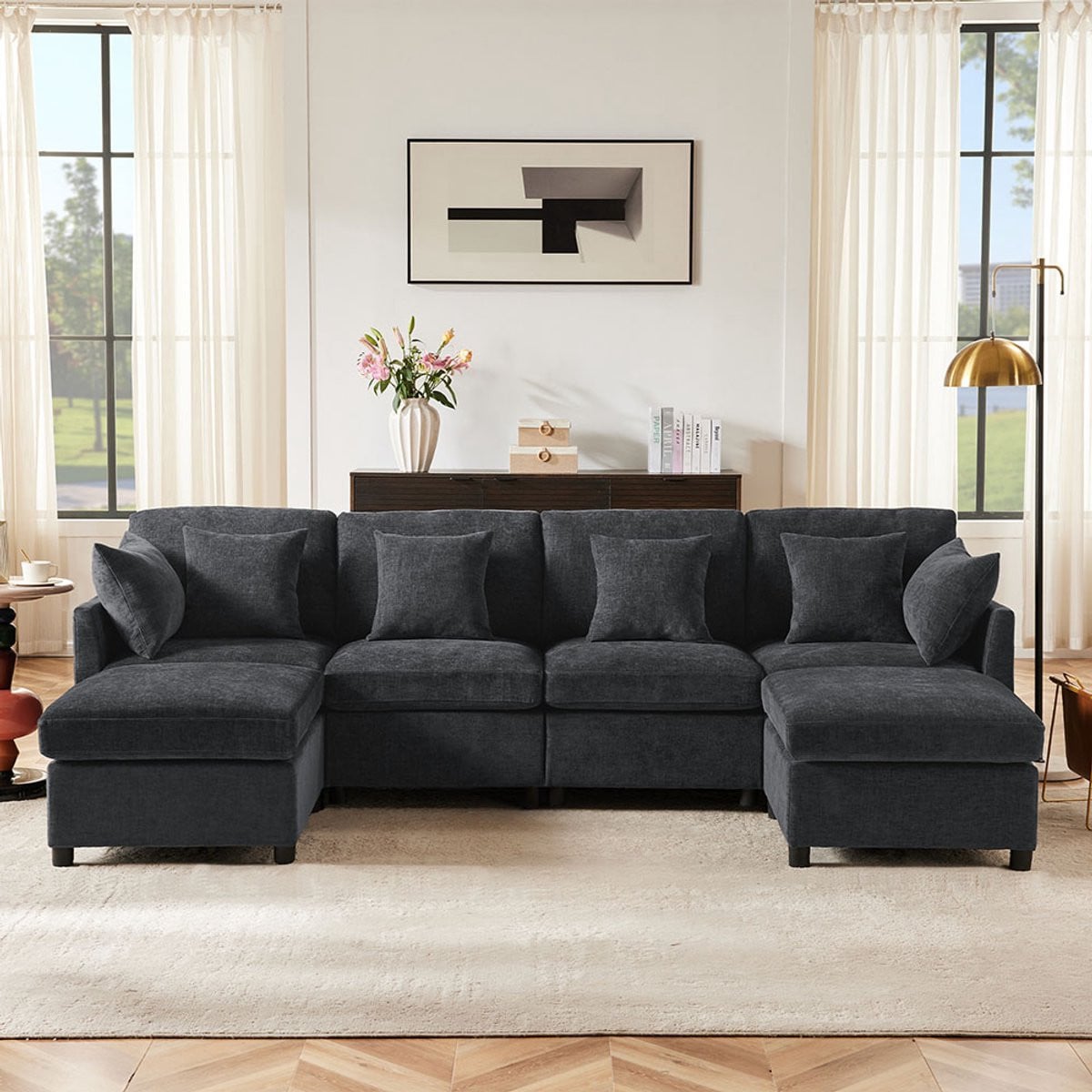 Pugsdrly Moderne Modulaire U-vormige Hoekbank van Chenille met Afneembare Voetensteun