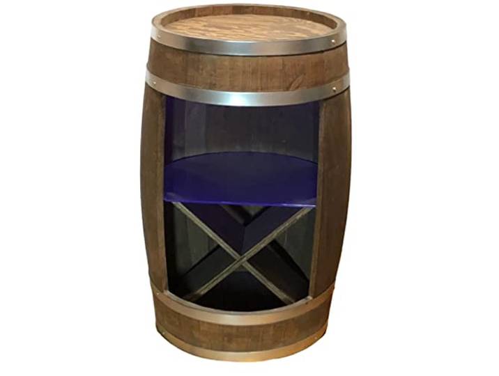 weeco Holzfass Bar LED RGB Weinregal und Glasregal - Hausbar, Fassbar - Rustikal Bartisch mit Holz - Fass 80cm - Minibar Whisky, Bier, Wein - Alkohol Geschenke für einen Mann - Wandbar