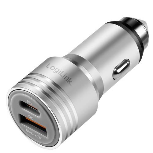 LogiLink PA0228A Kfz Ladegerät USB-C Buchse (Power Delivery), USB-A Buchse QC 2.0, USB PD 3.0 Aluminium KFZ Nothammer-Funktion
