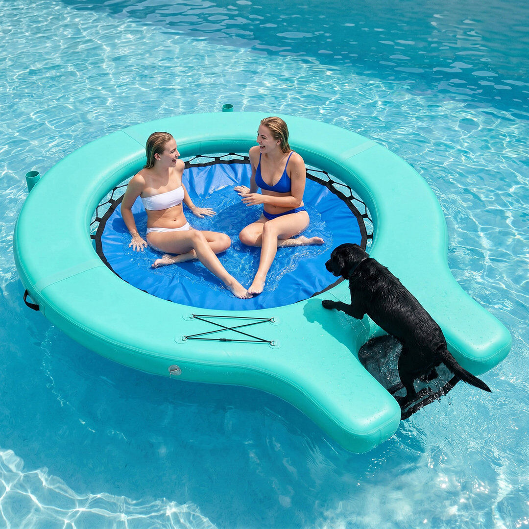 Precision Synergie Inflatable Floating Dock With Boat Ramp, Mesh Water Hammock Lounger, 298CM Lake Float With Cup Holders, 3-4 Person Inflatable Platform For Pool, Sea, Teal 15cm H X 298cm W X 255cm D