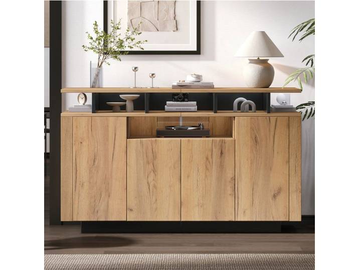 Modenuit Buffet Bas 140×40×85 cm - 4 Portes - Rangements Ouverts - Couleur Naturelle - Pour Salon Entrée ou Bureau