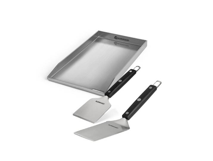 BURNHARD® Grillplatte Plancha Set 41,5 x 23,5 cm, 2tlg. Grillspachtel und Grillschaber Set