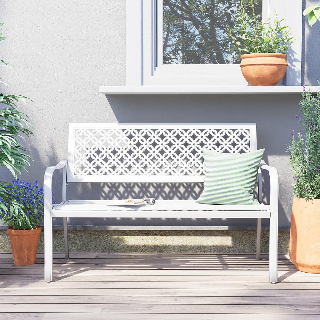 Blue Elephant Powder Coated Steel Outdoor Bench White 85.72cm H X 125cm W X 61cm D